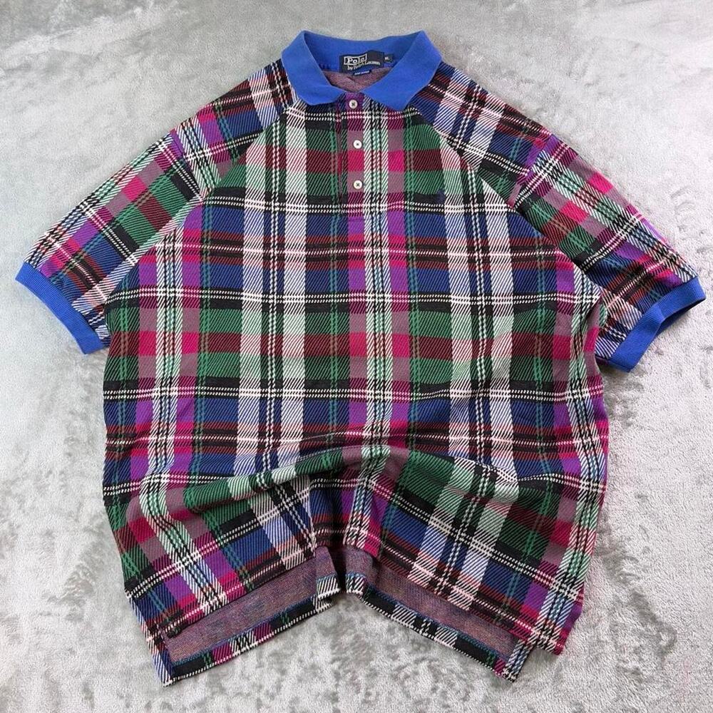 Vintage Polo Ralph Lauren Mens XL Plaid Knit Polo Shirt Cotton Made in USA
